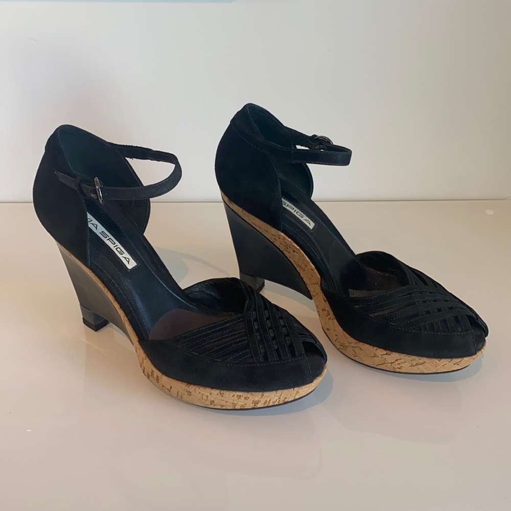 Via Spiga Black Peeptoe Suede Heels with Cork and Patent Leather Wedge